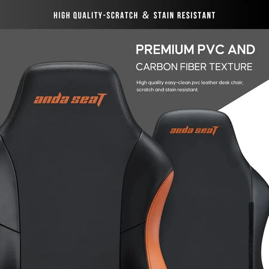 Anda Seat Luna Large Gaming Chair, Ergonomic Reclining Design, PVC Leather, Heavy Duty Neck and Back Support, Rocking Function, Black and Orange | Free Shipping