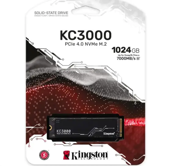 Kingston KC3000 Solid State Drive, 1TB, PCIe 4.0 X4 NVMe, M.2 2280, 7,000MB/s Read, SKC3000S/1024G